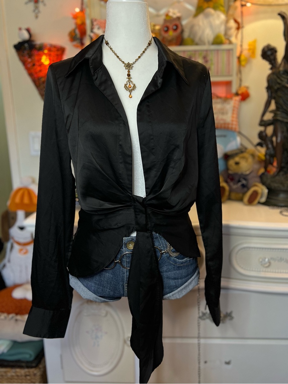 Fashion Nova Black Satin Tie-Front Button Down Shirt